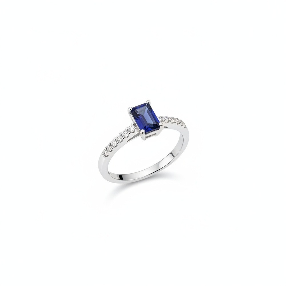 925 Sterling Silver Emerald Cut Blue Sapphire Ring Size 6.5 CZ Accents